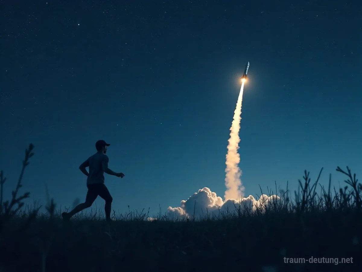Silhouette einer Person, die vor einer Rakete flieht, unter einem dunklen Sternenhimmel
