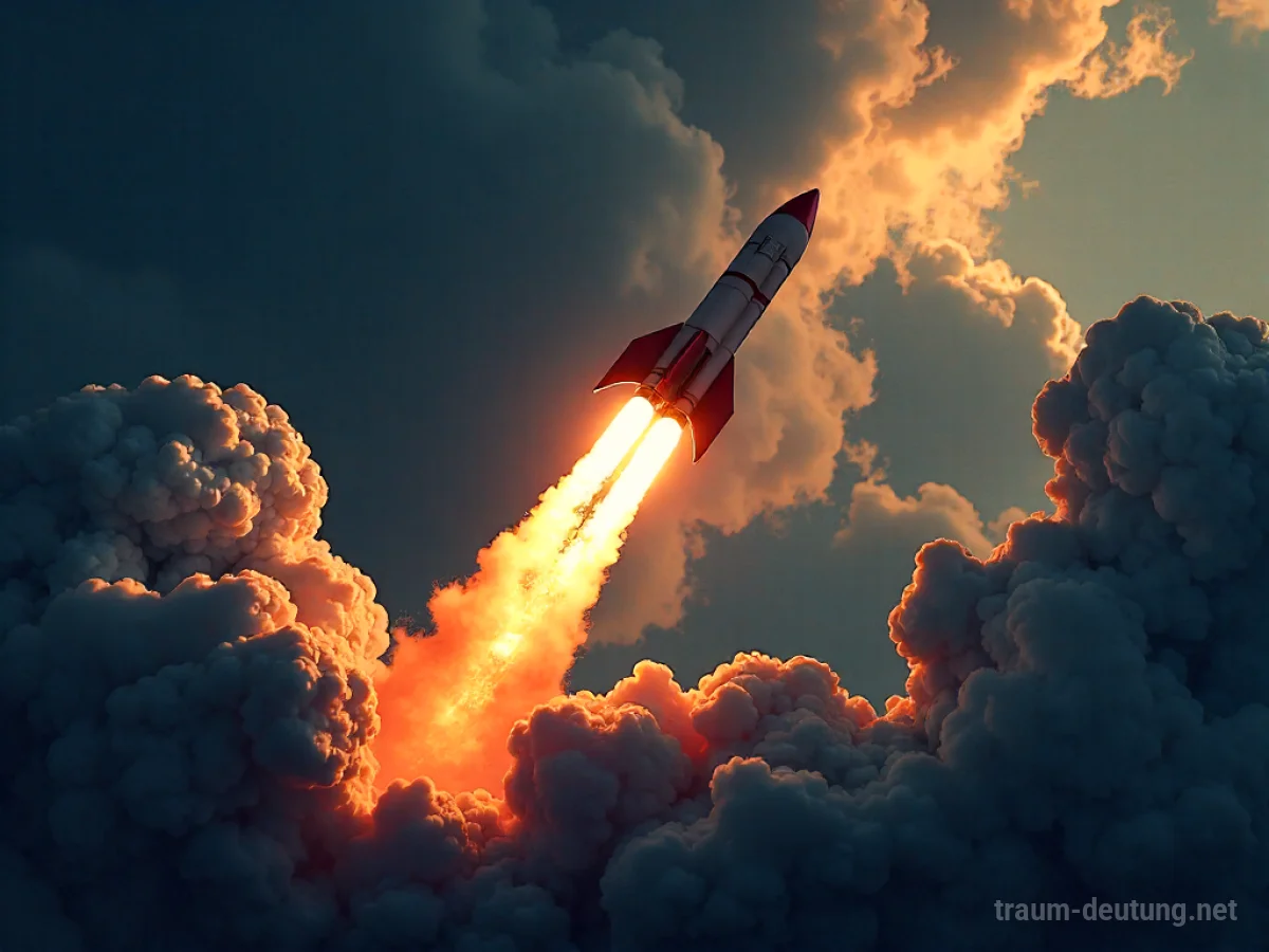 Eine stilisierte Rakete fliegt durch einen dunklen, wirbelnden Himmel.