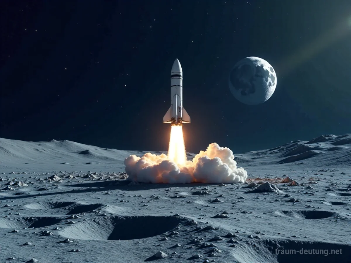 Rakete startet vom Mond Richtung Erde unter sternenklarem Himmel