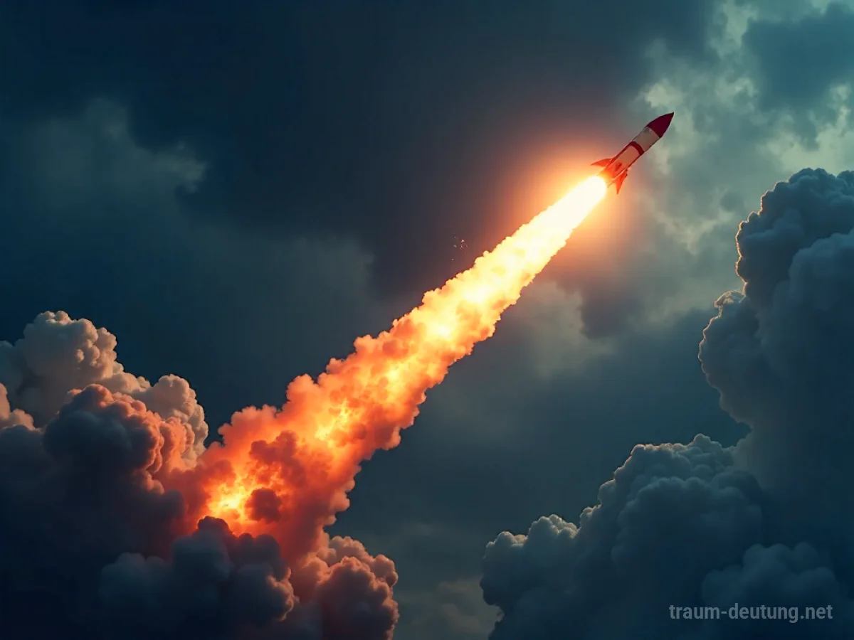 Rakete fliegt durch dunklen, stürmischen Himmel
