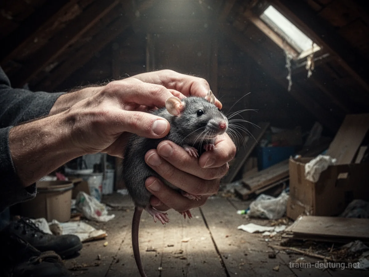 Hände, die eine Ratte in einem dunklen Raum fangen