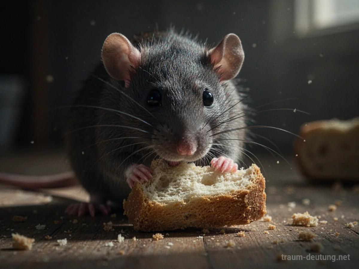 Eine Ratte frisst im Schatten ein Stück Brot.