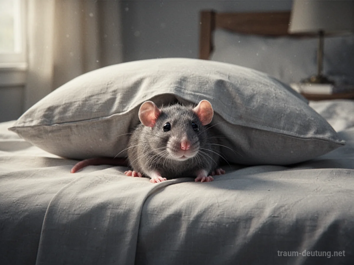 Eine Ratte schaut unter einem Kissen auf einem Bett hervor.