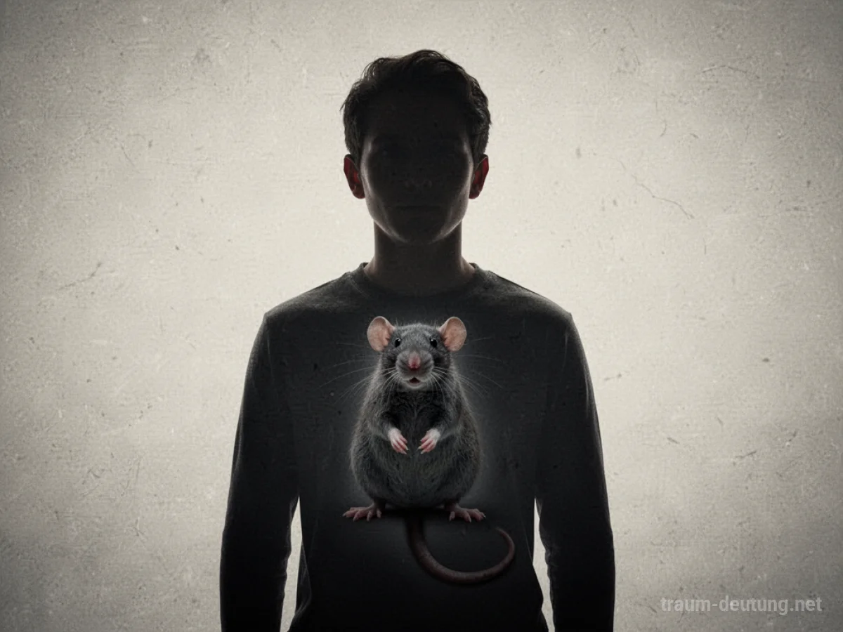 Silhouette einer Person mit einer Ratte unter der Kleidung, symbolisch für verborgene Ängste.