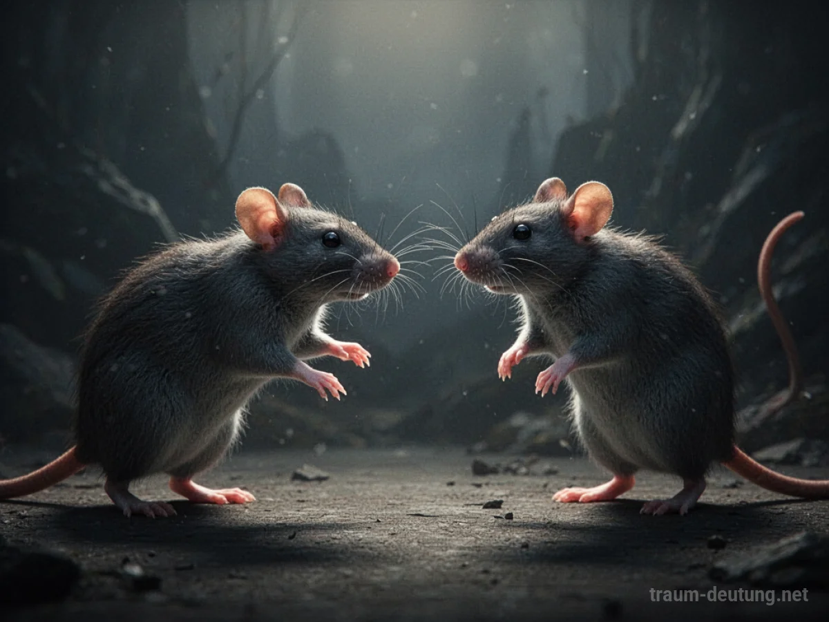 Zwei stilisierte Ratten im angespannten Duell, Schattenfiguren im Kampf.