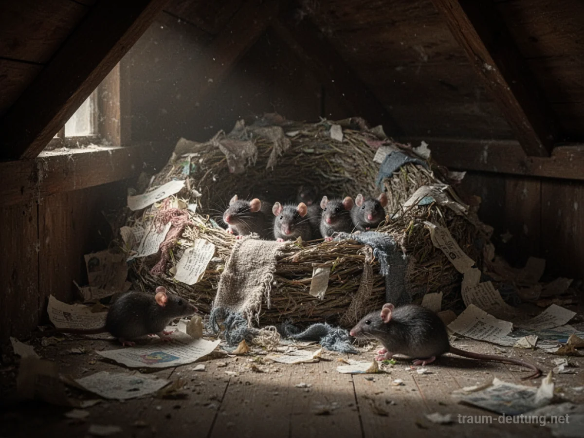 Ein Rattennest in einer dunklen Ecke, mit kleinen Rattenfiguren.