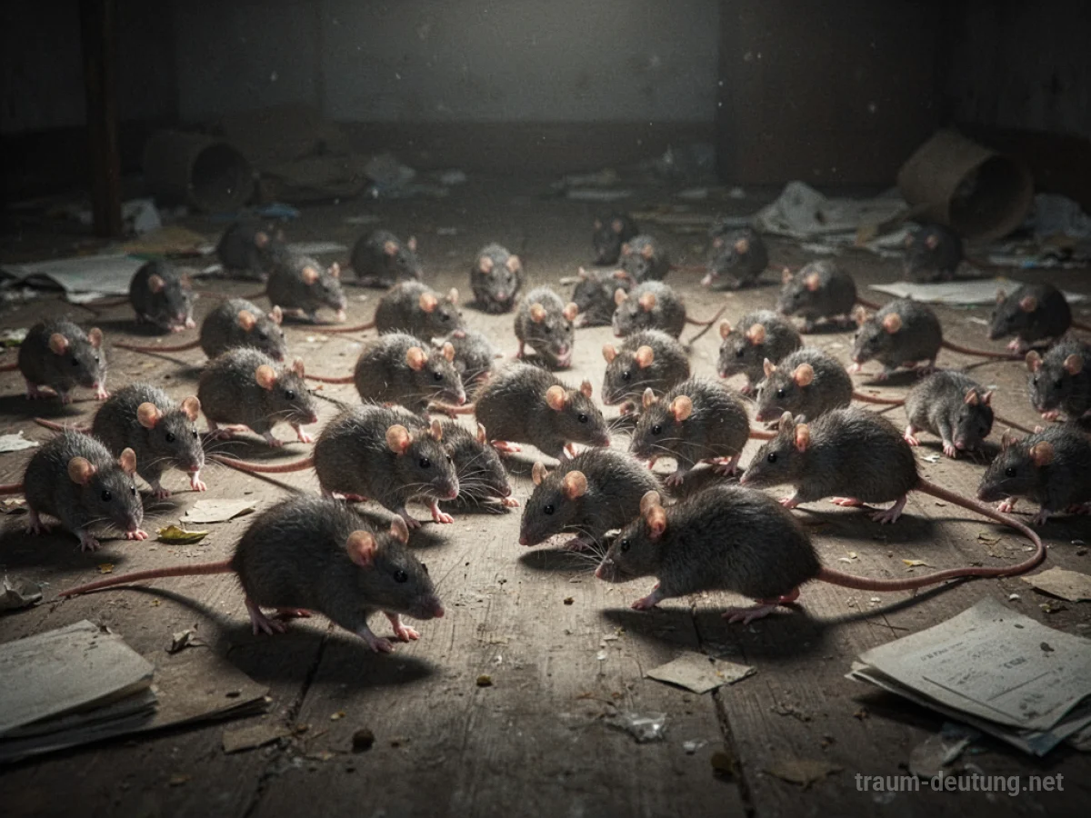 Eine dichte Masse von Ratten krabbelt über einen dunklen, unordentlichen Boden.