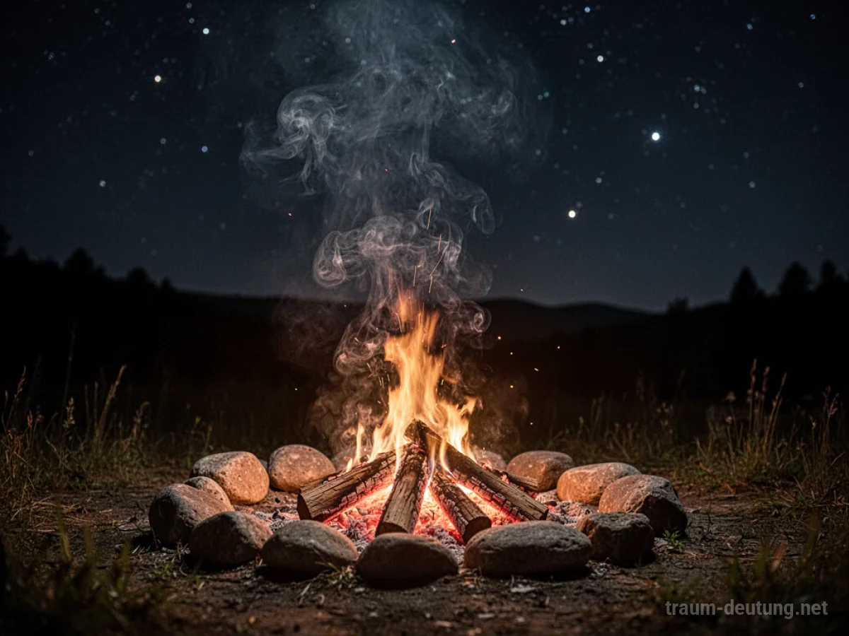 Loderndes Lagerfeuer mit aufsteigendem Rauch in dunkler Nacht