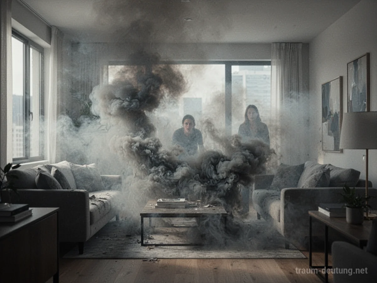 Rauch in einer Wohnung, der Möbel und Fenster verdeckt