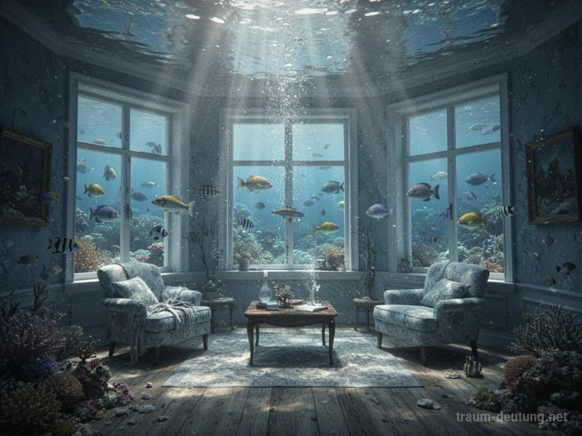 Ein Raum, komplett unter Wasser gelegen, mit Fischen, die durch die Fenster schwimmen.