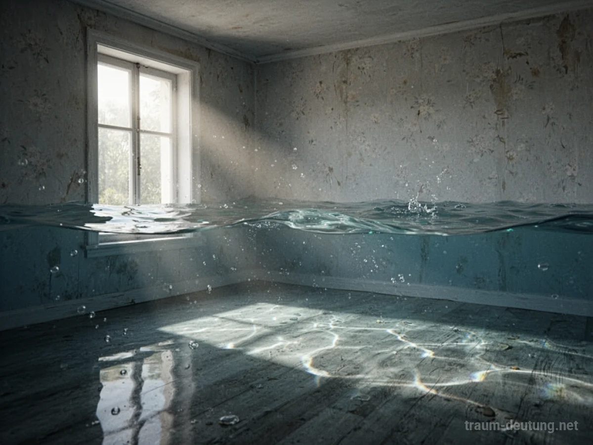 Ein Raum, dessen Boden und Wände von klarem Wasser bedeckt sind, mit Sonnenlicht, das durch ein Fenster fällt.