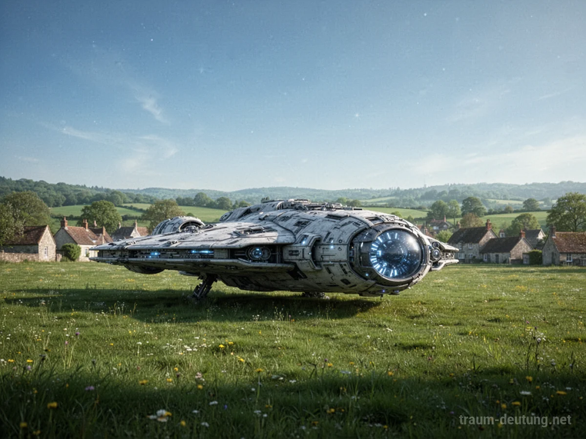 Ein Raumschiff steht auf einer grünen Wiese nahe einem Dorf.