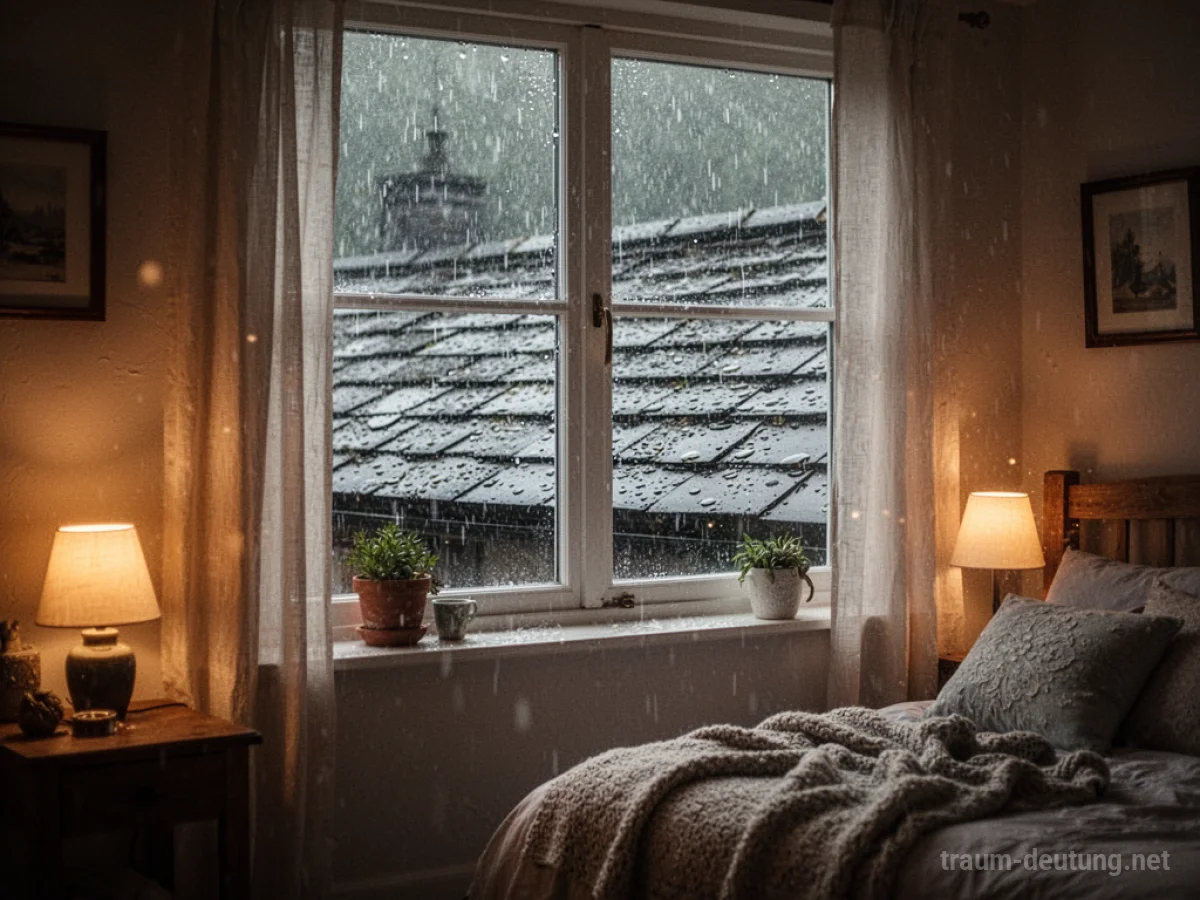 Sanfter Regen prasselt auf ein Dach, gesehen von einem gemütlichen Zimmer aus.
