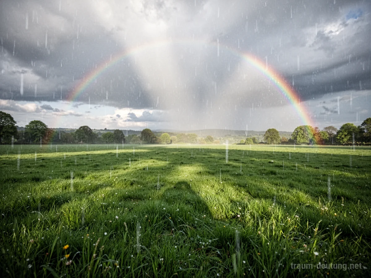 Sanfter Regen fällt auf ein grünes Feld, während Sonnenstrahlen einen Regenbogen erzeugen.