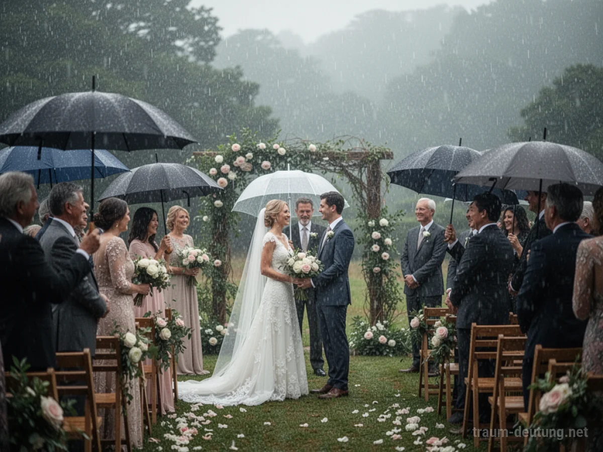Hochzeit im Regen mit Schirmen und fröhlichen Gästen