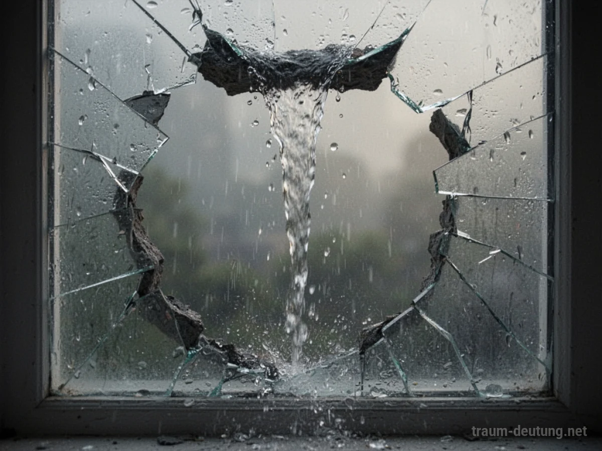 Regentropfen fallen durch ein zerbrochenes Fenster in einen dunklen Raum.