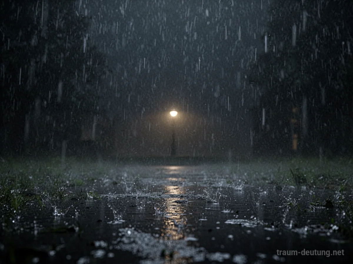 Regen fällt in der Nacht, mit einem fernen Lichtschein.