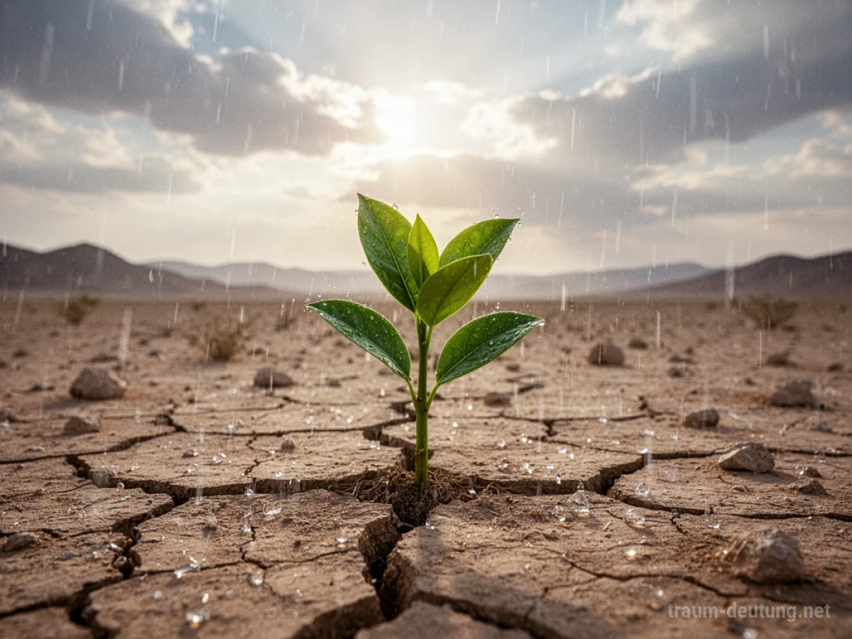 Ein grüner Spross wächst aus trockener Wüstenerde, während leichter Regen fällt.
