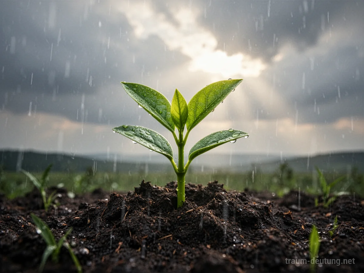 Ein zarter grüner Trieb wächst aus dunkler Erde, während sanfter Regen fällt.