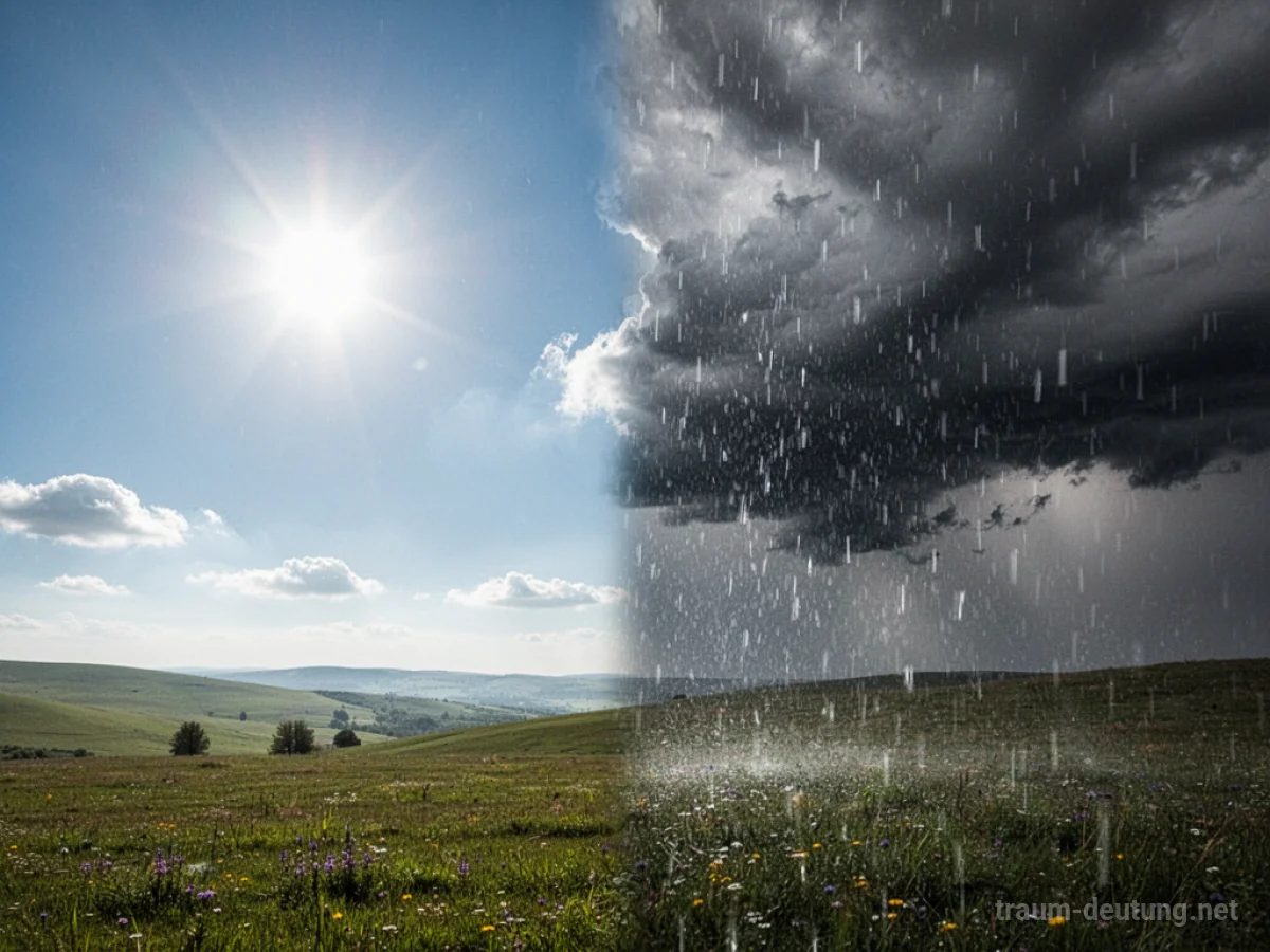Sonne scheint und Regen fällt gleichzeitig in einer surrealen Landschaft