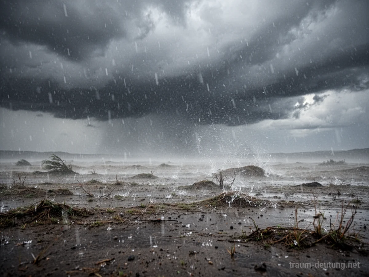 Starker Wind treibt Regen über eine weite, leere Landschaft unter dunklen Wolken.