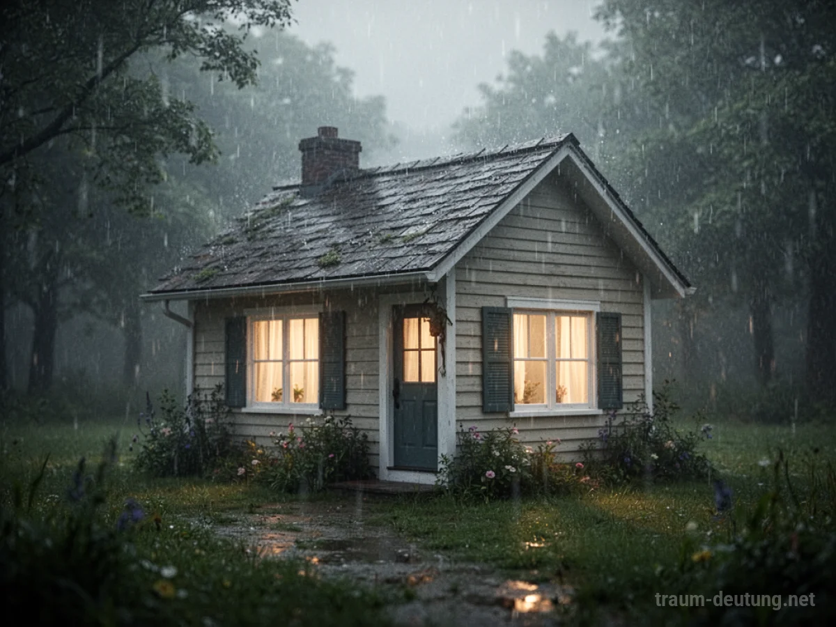 Sanfter Regen fällt vor einem kleinen Haus, die Szene ist ruhig und leicht melancholisch.