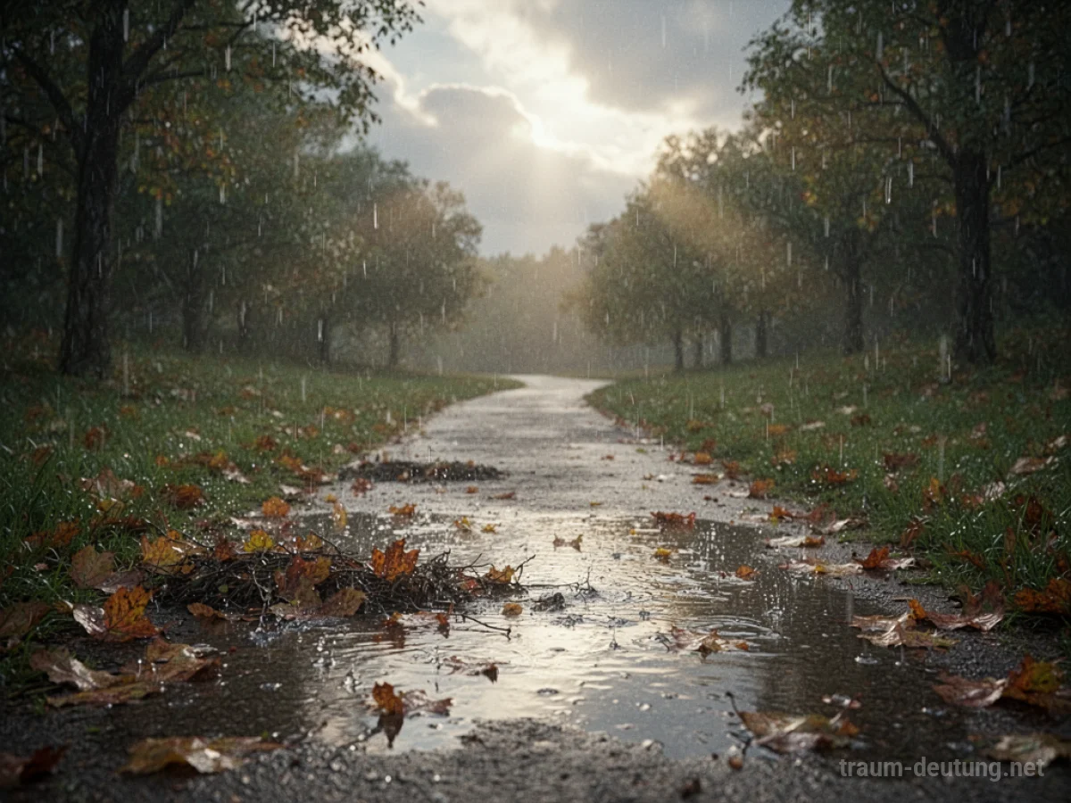 Regen, der Laub und Schmutz auf einem Weg wegspült, der zu einem klaren Pfad führt.