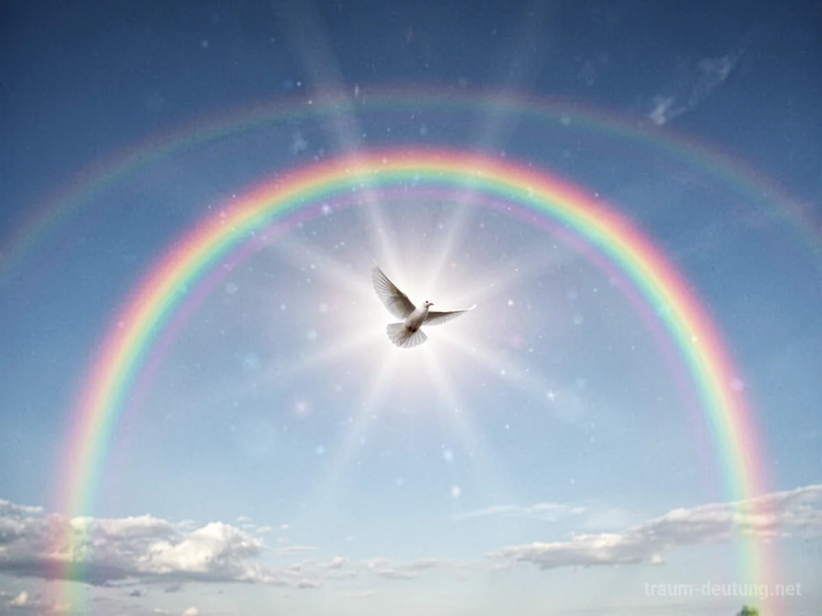 Ein strahlender Regenbogen aus Licht am Himmel mit einer weißen Taube
