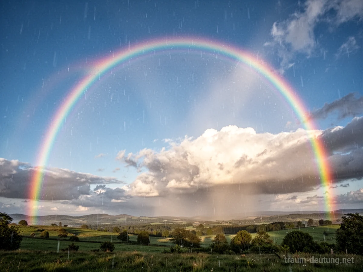 Ein leuchtender Regenbogen spannt sich über den Himmel nach einem Regen.