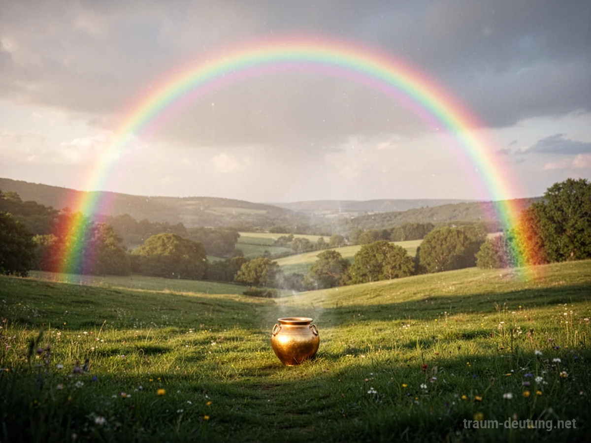 Regenbogen mit einem Topf voller Gold am Ende über einer grünen Wiese