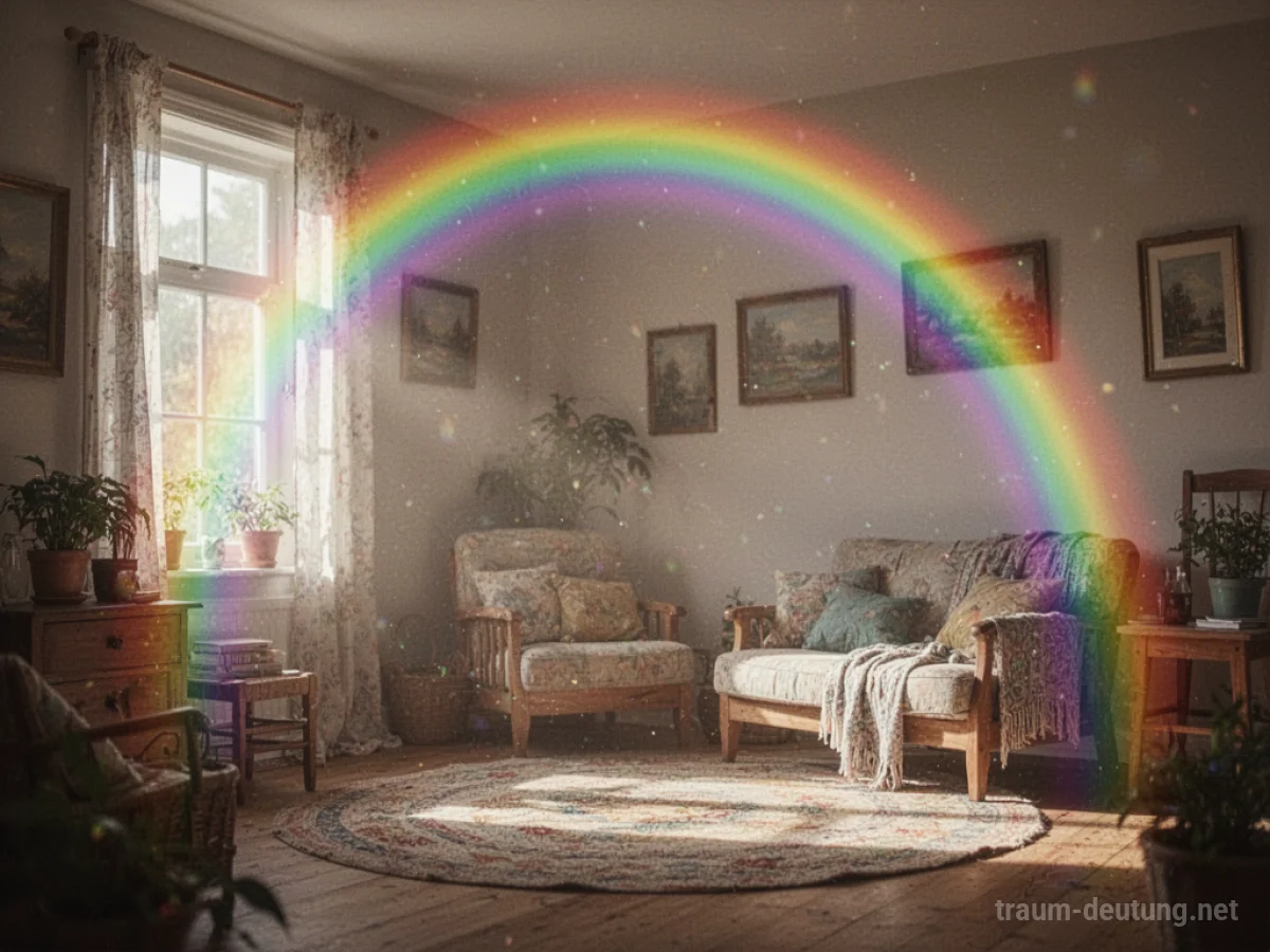 Ein Regenbogen spannt sich über einem Zimmer, das von Sonnenlicht erhellt wird.
