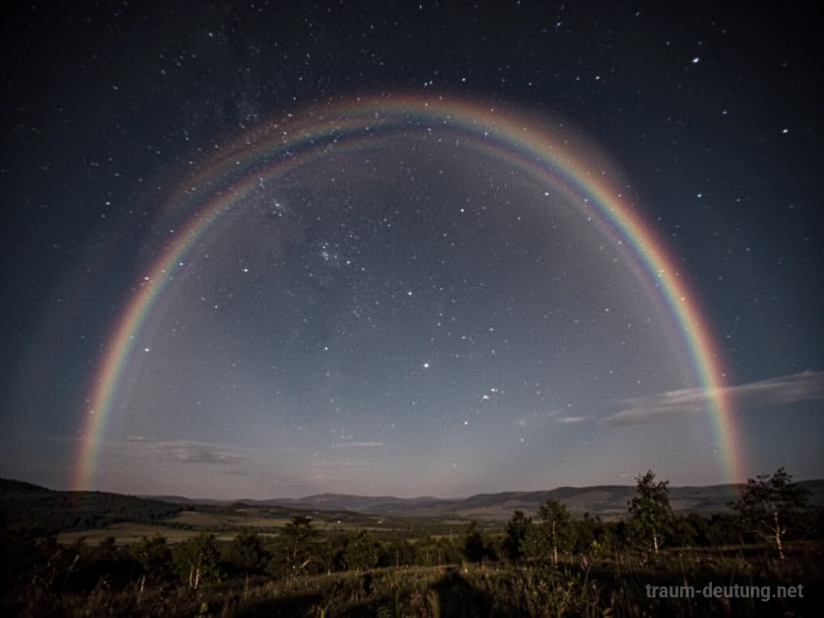 Ein schwacher Regenbogen leuchtet am Nachthimmel.