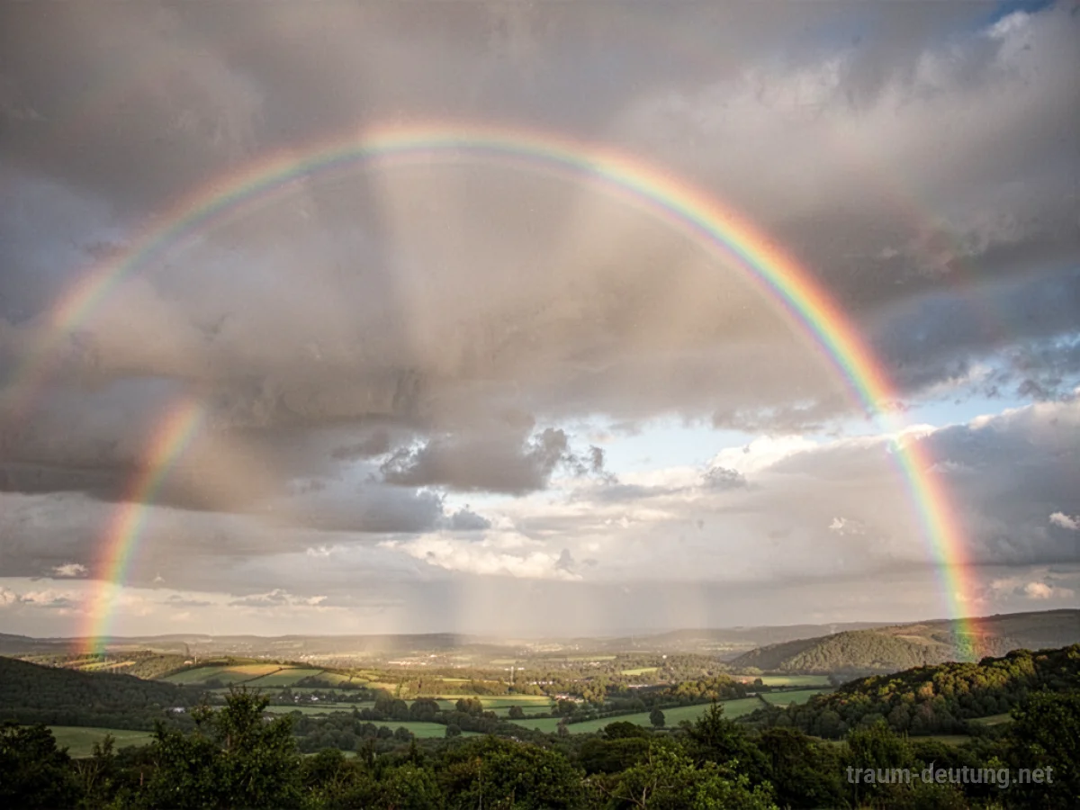 Ein leuchtender Regenbogen spannt sich über einem Wolkenmeer, durch das Sonnenlicht dringt.