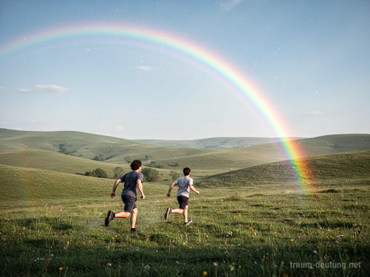 Person jagt einen leuchtenden Regenbogen über eine grüne Wiese.