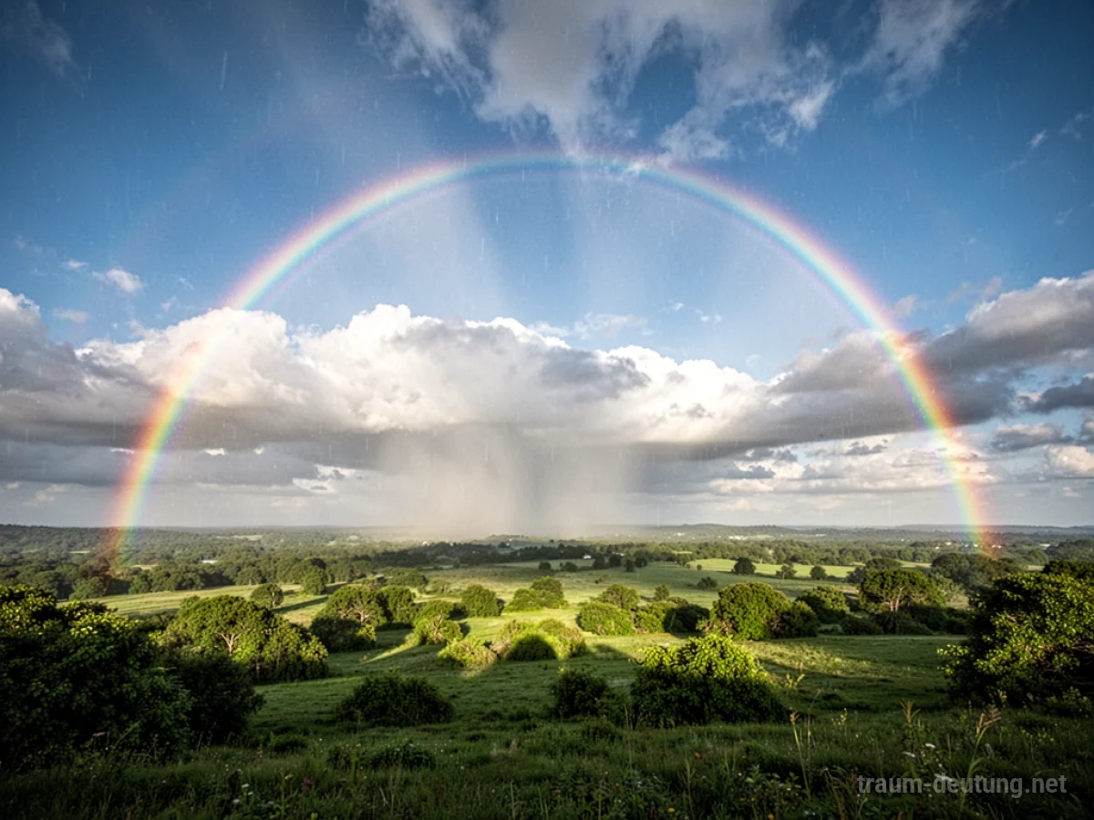 Ein leuchtender Regenbogen spannt sich über einen aufgehellten Himmel nach einem Regen.