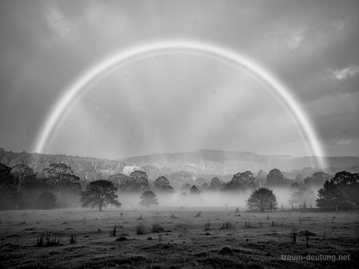 Monochromer Regenbogen über einer nebligen Landschaft ohne Farben.