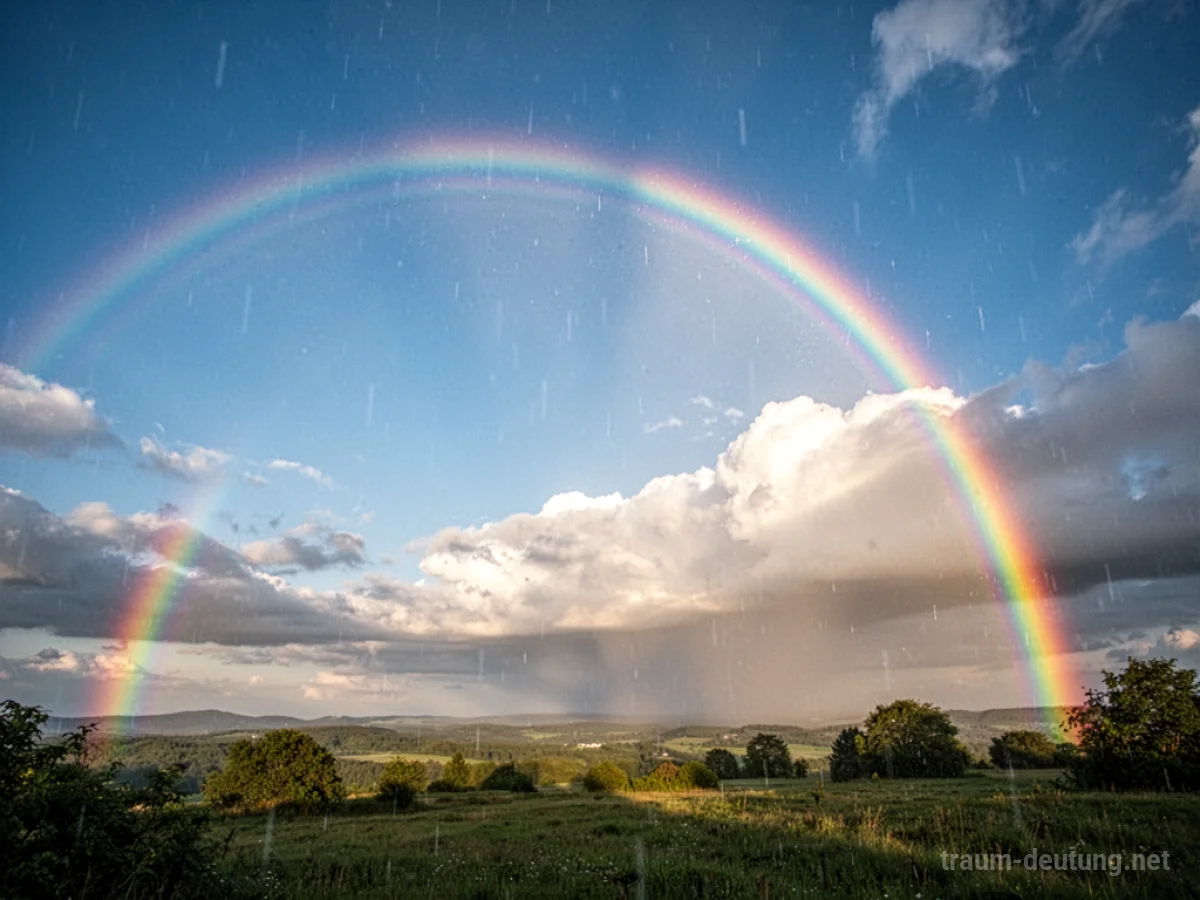Ein bunter Regenbogen spannt sich über einem blauen Himmel nach Regen.