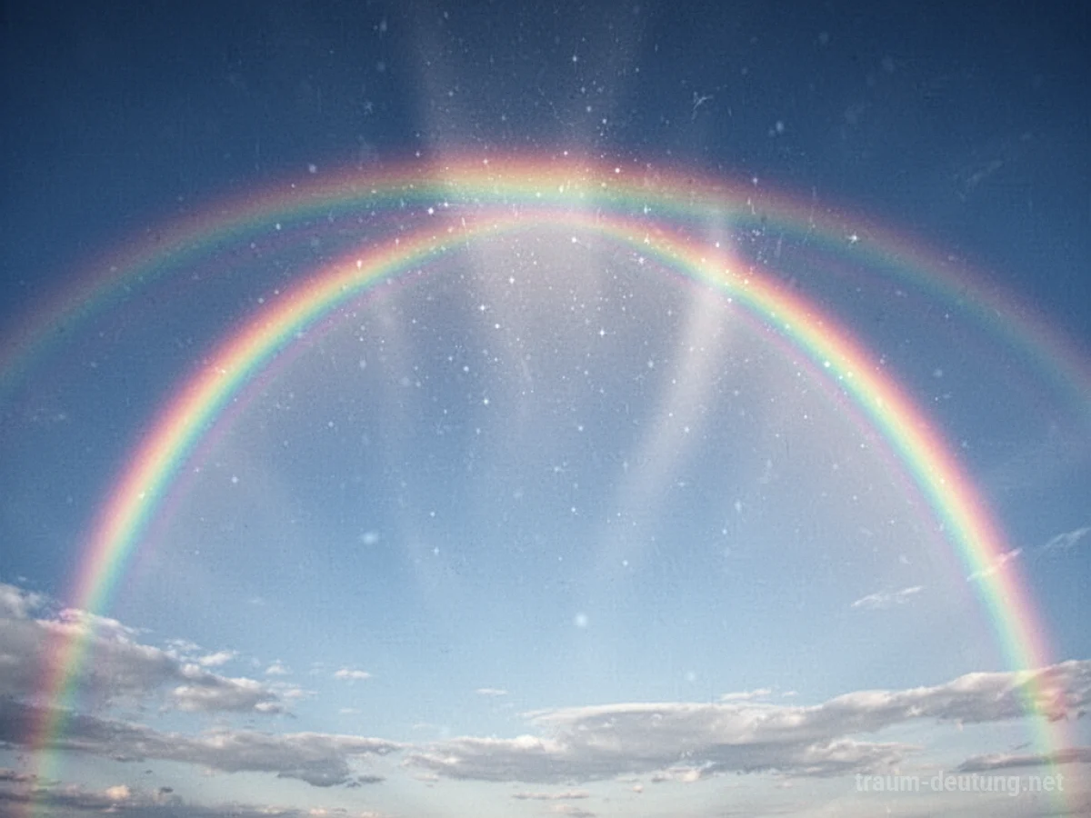 Ein leuchtender Regenbogen spannt sich über einen strahlend blauen Himmel.