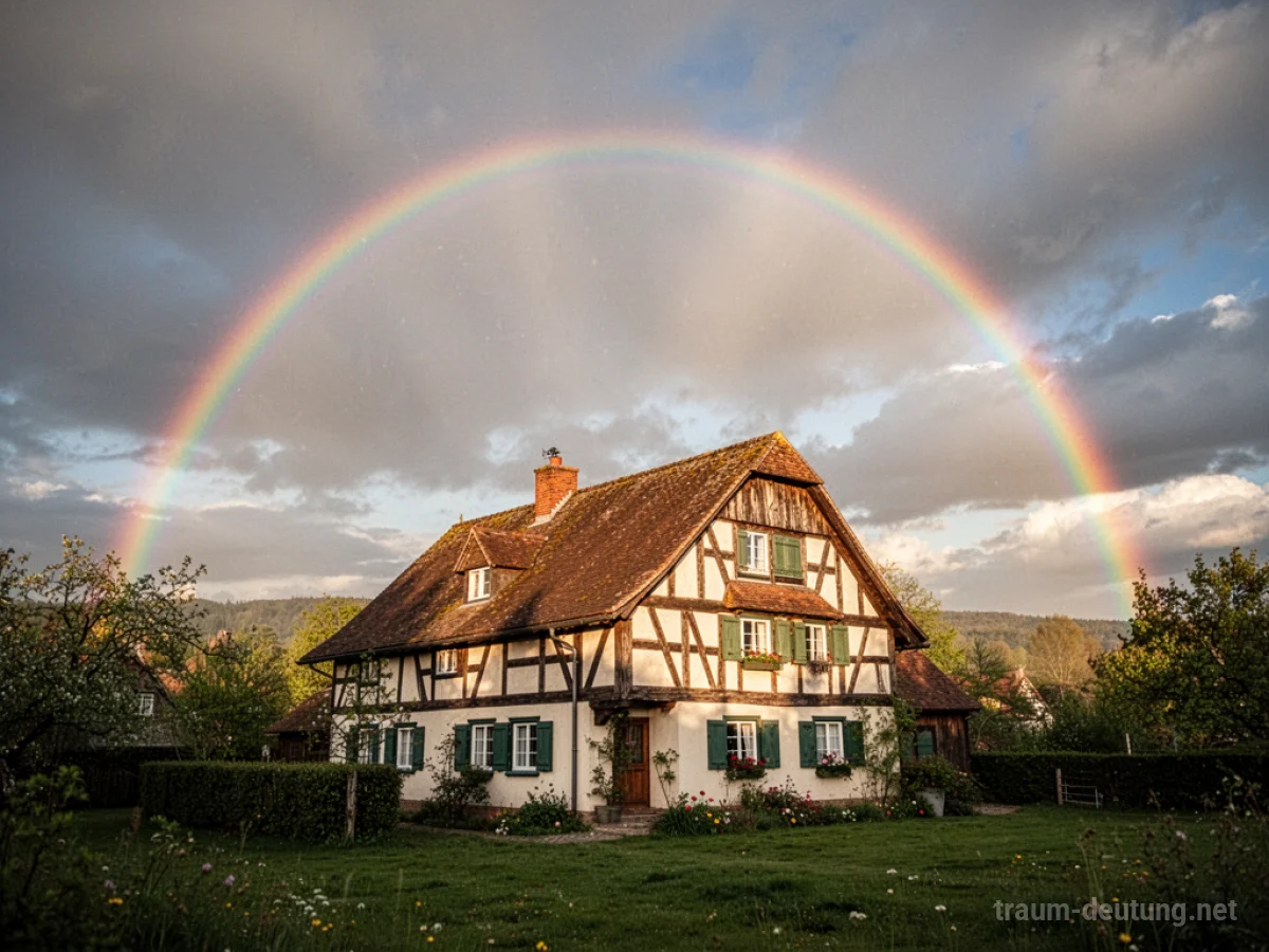 Ein leuchtender Regenbogen spannt sich über einem Haus im Sonnenschein