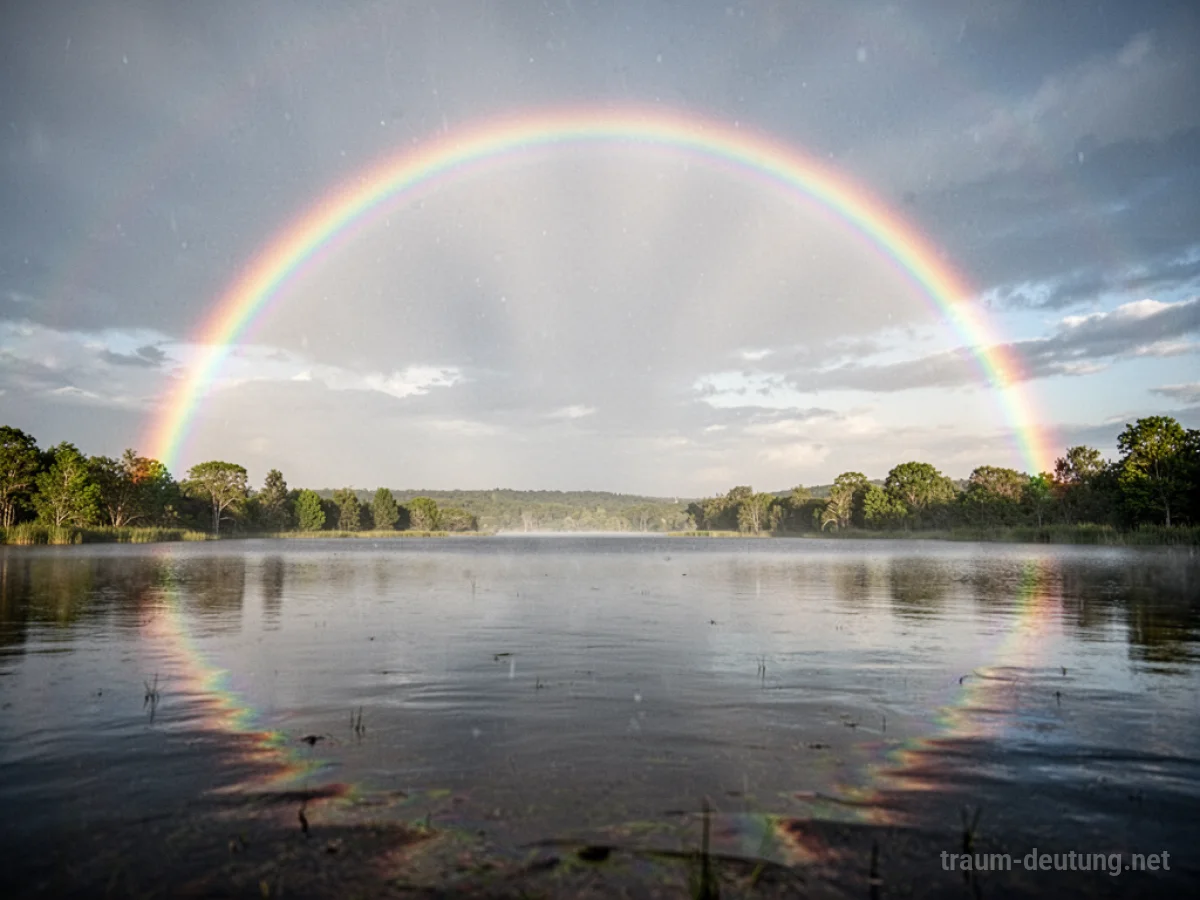 Ein leuchtender Regenbogen spannt sich über ruhiges, spiegelndes Wasser.