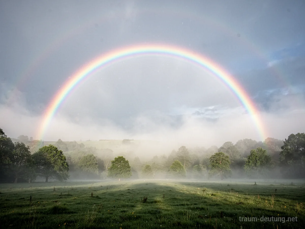 Ein Regenbogen verblasst am Himmel über einer Landschaft
