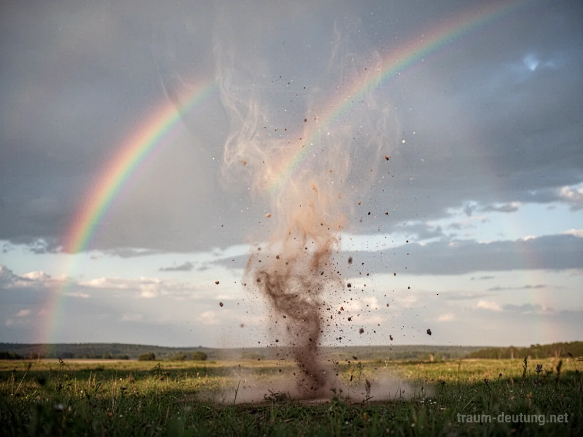 Ein zerbrechender Regenbogen am Himmel, der sich in Staub auflöst.