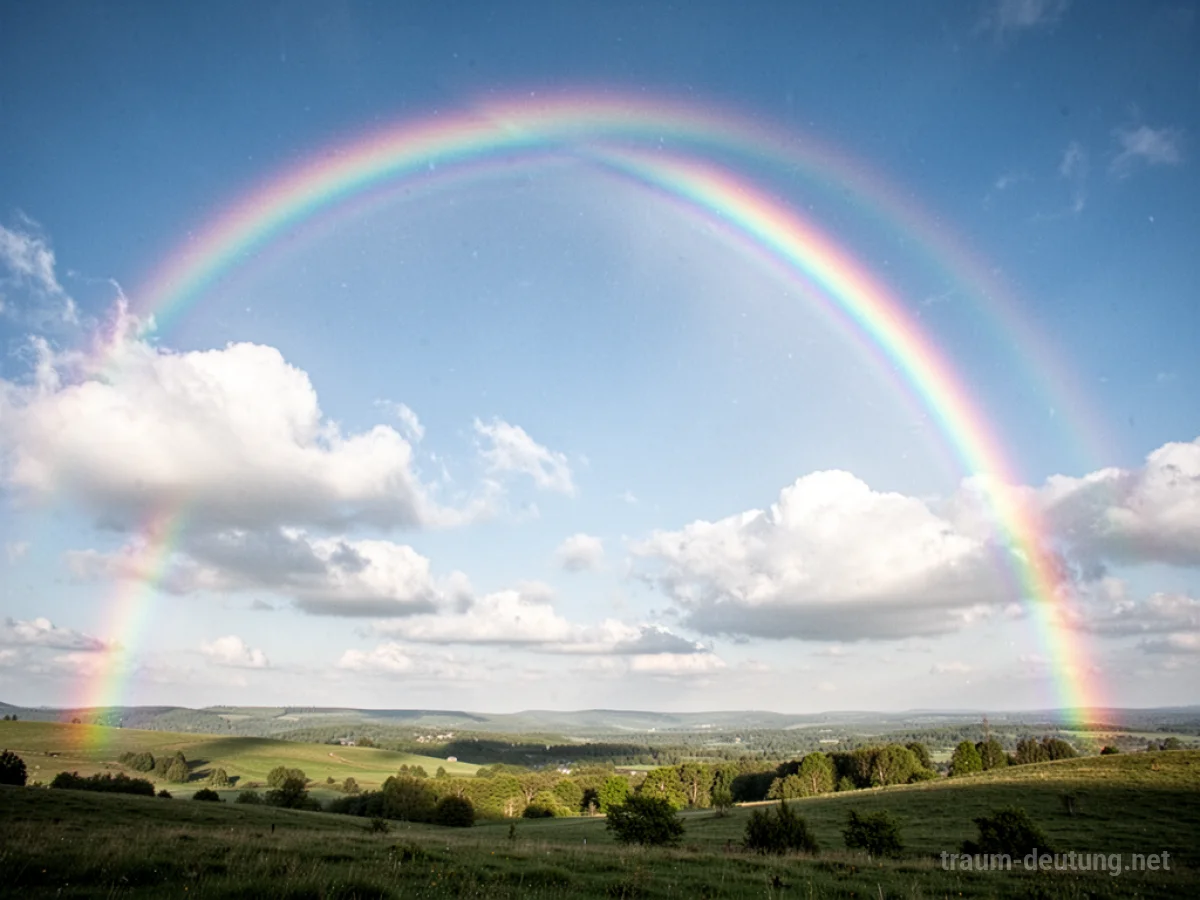 Ein leuchtender Regenbogen spannt sich über einen strahlend blauen Himmel.