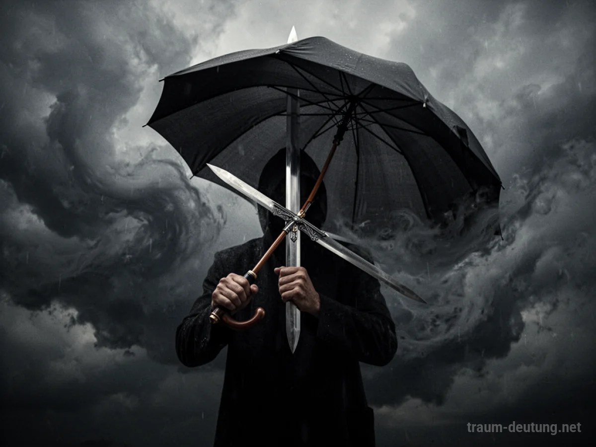 Schattenfigur hält geöffneten Regenschirm wie eine Waffe vor dunklem Hintergrund