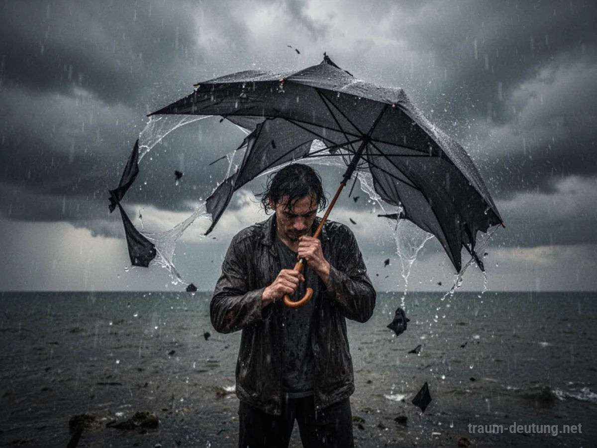Ein Mann hält einen zerbrochenen Regenschirm im Sturm, Regen peitscht.