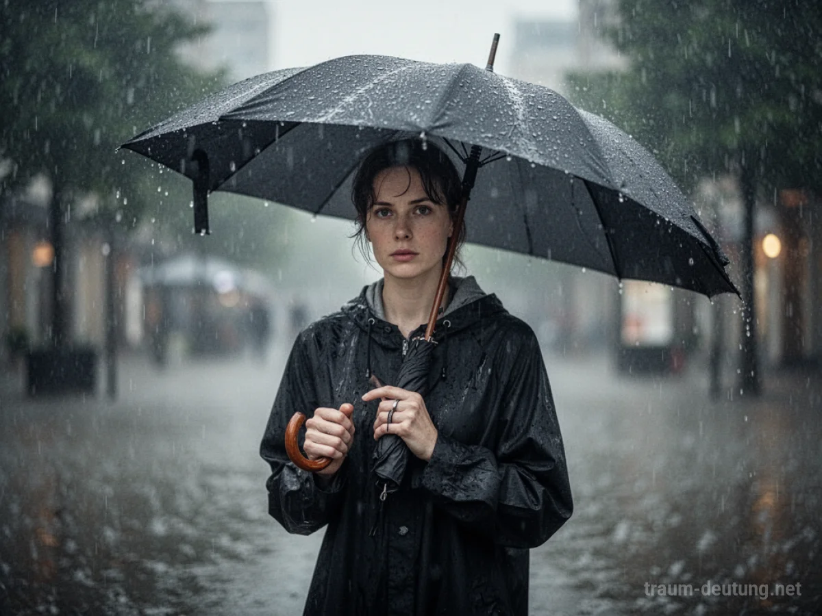 Person hält einen geschlossenen Regenschirm im leichten Regen.