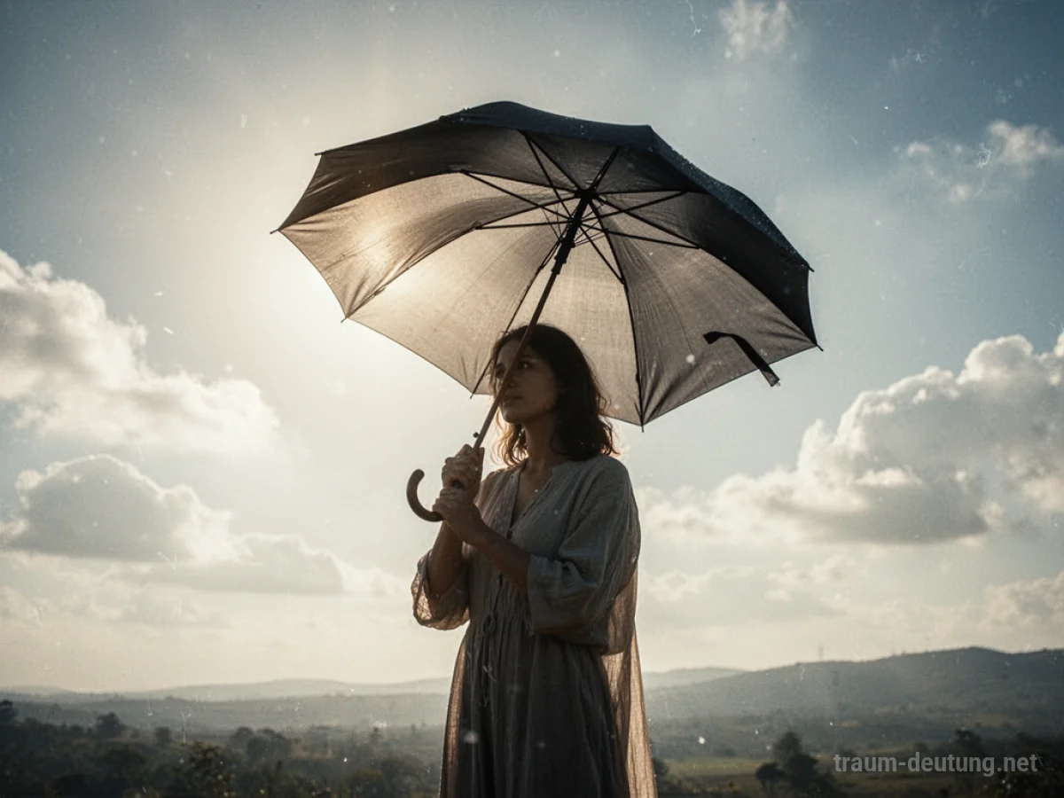 Eine Person hält einen geöffneten Regenschirm gegen hellen Sonnenschein.