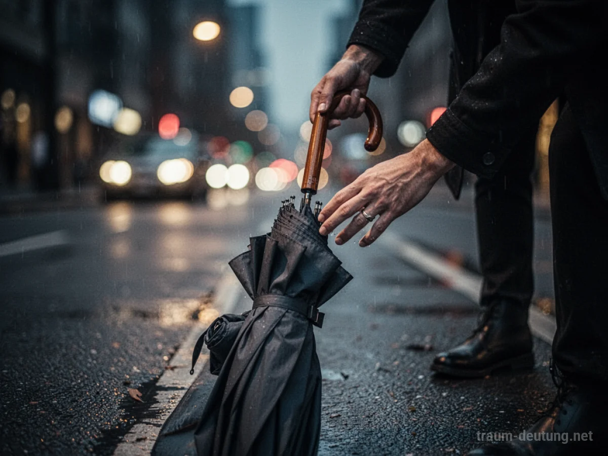 Hand greift nach einem Regenschirm auf einer dunklen Straße.