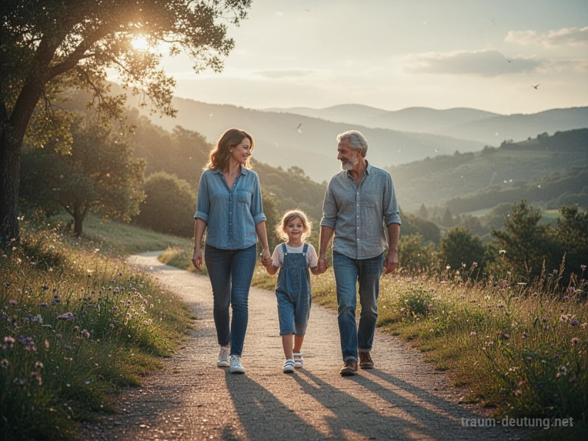 Familie geht gemeinsam auf einem Weg.