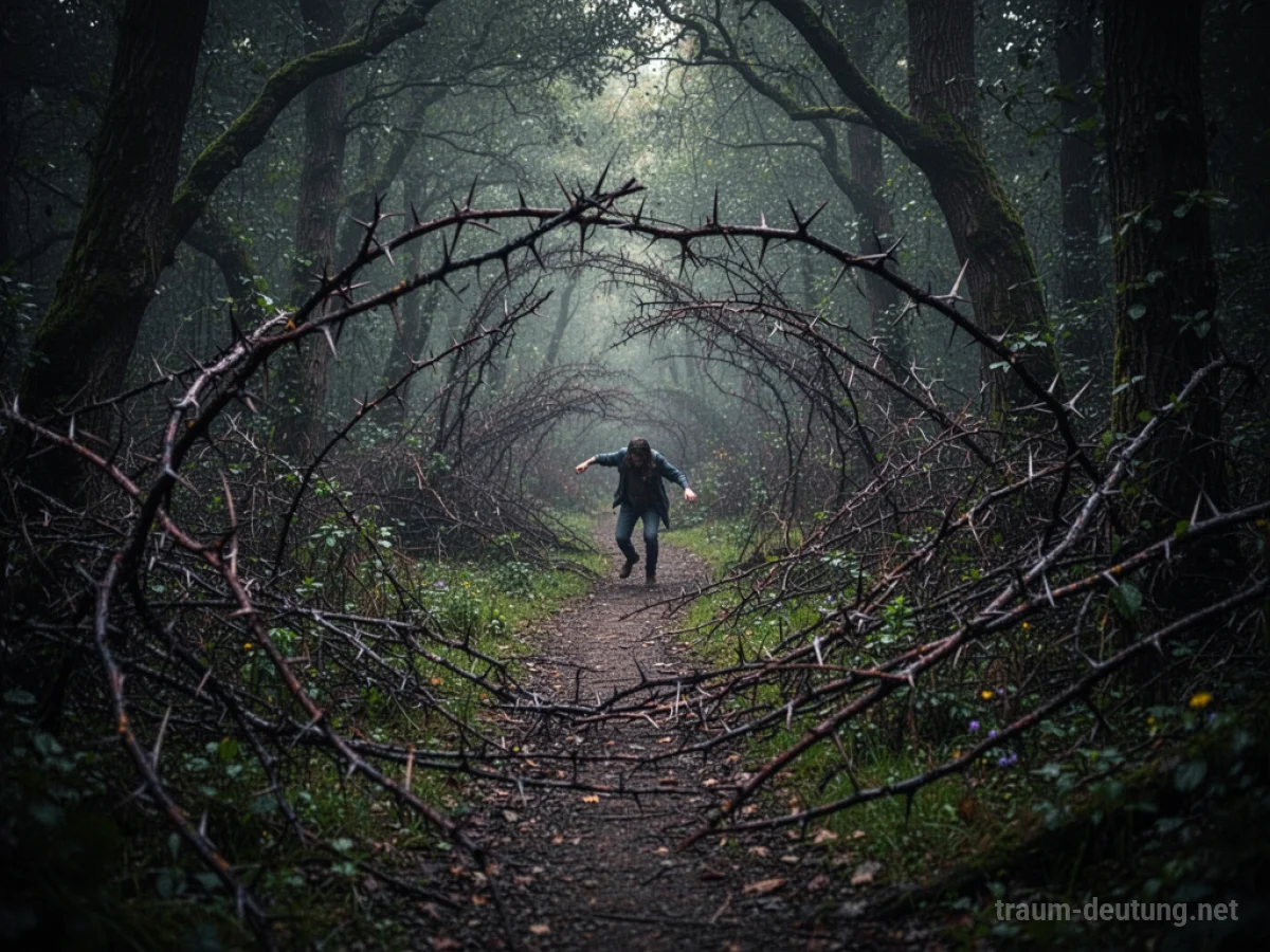 Ein verschlungener Pfad im dunklen Wald mit Dornen, die den Weg versperren.
